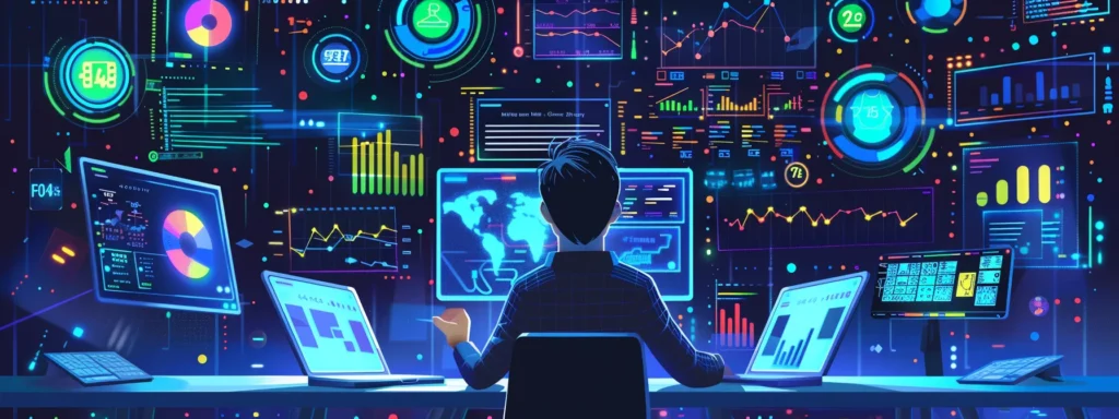 a web developer analyzing data on a laptop surrounded by charts and graphs showing website performance metrics.