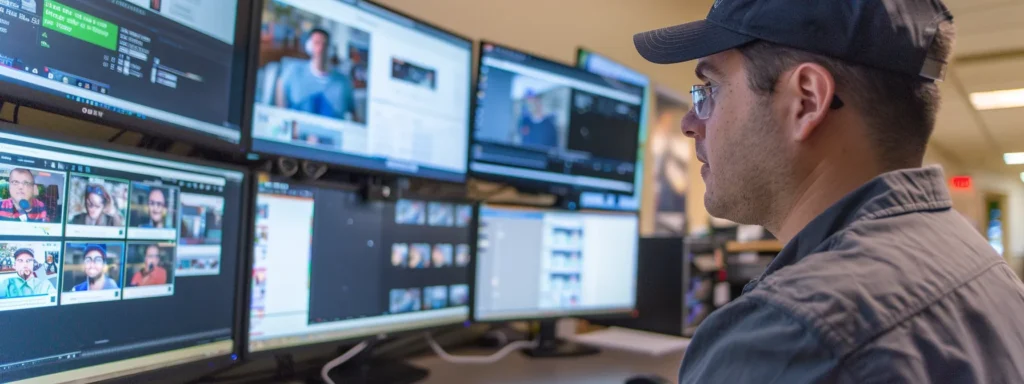 a web developer carefully monitors two computer screens displaying live website data during a migration process, ensuring zero downtime.