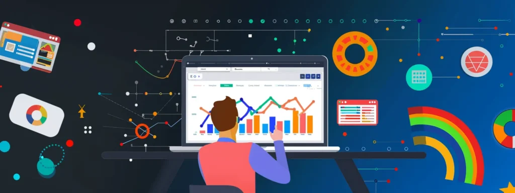 a web developer examining a detailed seo audit report on a laptop, surrounded by colorful seo analytics charts and graphs, showcasing the intricate process of optimizing technical seo for website health.