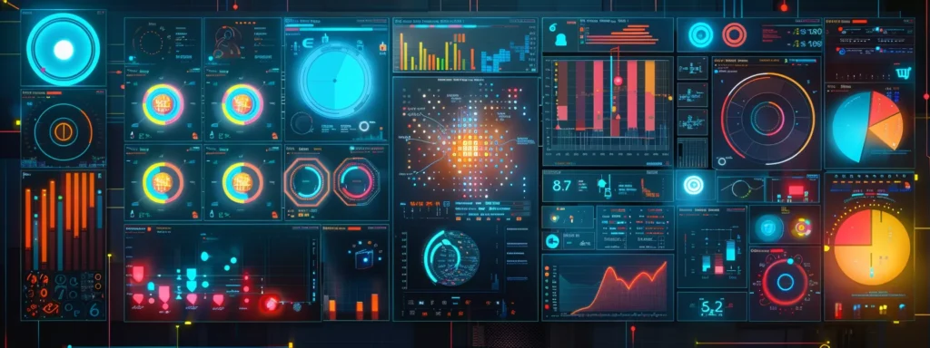 an overhead shot of a computer screen displaying various seo analytics tools being set up, with colorful graphs, charts, and data visualizations illustrating website performance metrics.