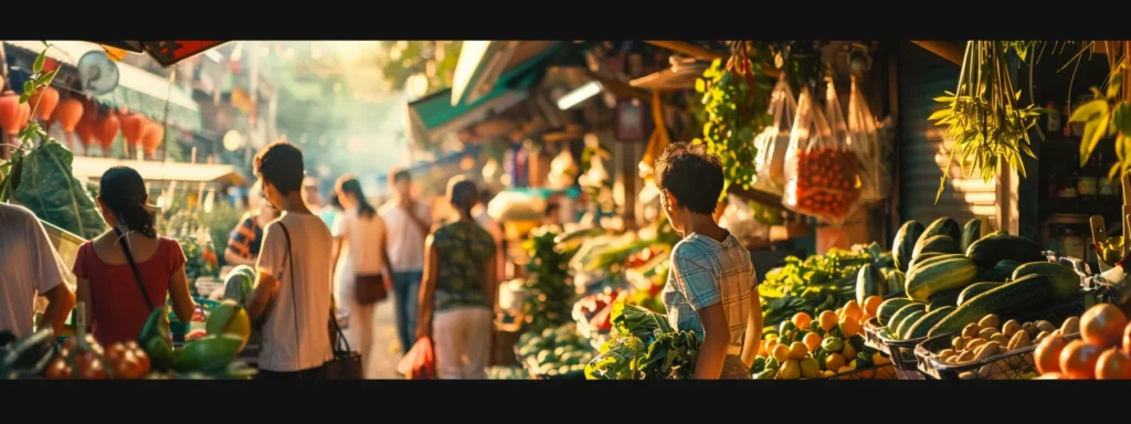 capturing a bustling farmers market with vibrant produce stalls and community members engaging in activities.