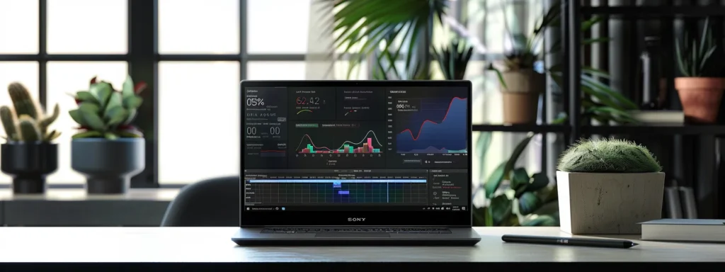 a sleek laptop displaying a website dashboard with detailed seo metrics, surrounded by modern office décor, showcasing the impact of expert technical seo support on online presence.