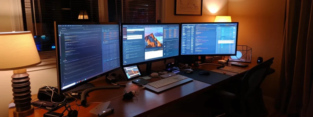 a cybersecurity analyst scrutinizes a multi-monitor setup in a dimly lit office, displaying complex authentication and session management data, emphasizing the critical assessment of website security vulnerabilities.