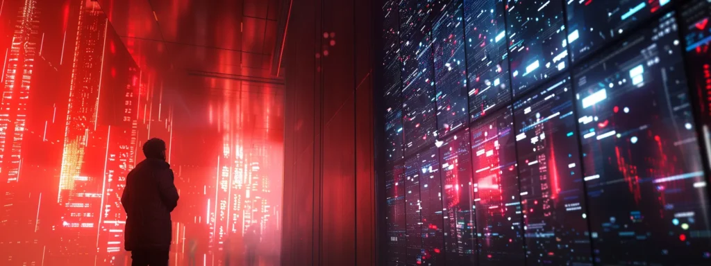 a dramatic, high-tech office environment showcases a focused cybersecurity analyst intently assessing a glowing digital screen filled with intricate code, highlighting critical injection flaws and vulnerabilities threatening data security.