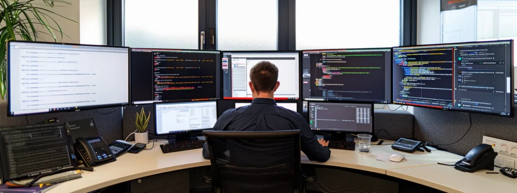 a dynamic office scene showcasing a cybersecurity analyst intently monitoring multiple screens filled with code and security alerts, emphasizing the critical task of detecting security misconfigurations in a high-tech environment.