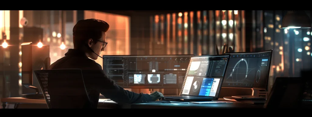 Updating Your Methods: Improve Website Security Protocols 4 a focused cybersecurity professional conducts a meticulous vulnerability scan on a sleek, high-tech laptop in a modern office, illuminated by the soft glow of multiple screens displaying security analytics and threat data.