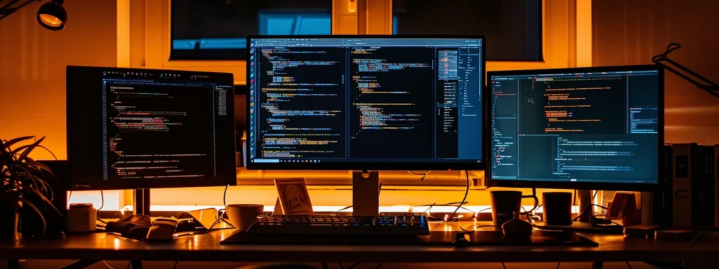 Updating Your Methods: Improve Website Security Protocols 2 a focused workstation illuminated by soft artificial light displays multiple screens showing coding interfaces and security alerts, conveying a sense of diligence in secure coding and software management practices.