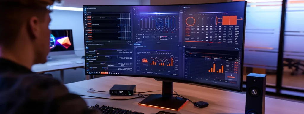 a professional it security analyst intently scrutinizes a futuristic, illuminated computer screen filled with graphs and security alerts in a sleek, modern office, highlighting the critical task of scanning for vulnerable components and outdated software.