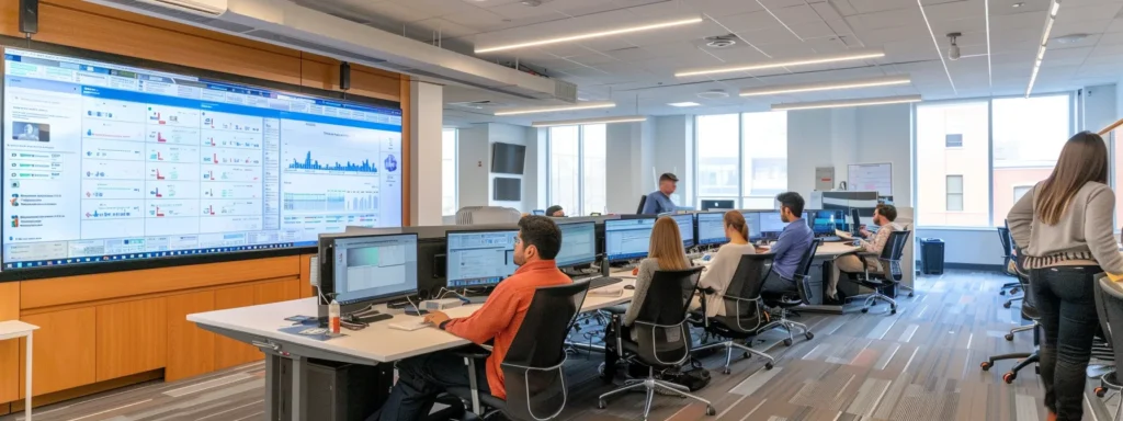 a sleek, modern office environment showcases a large digital monitor displaying complex web traffic analytics and security alerts, while cybersecurity professionals collaborate intently around a high-tech workstation, immersed in safeguarding website integrity against potential breaches.