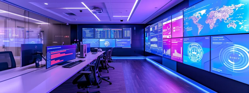 Updating Your Methods: Improve Website Security Protocols 1 a sleek, modern office workspace features a prominently displayed laptop with a vibrant dashboard showcasing website security metrics, surrounded by high-tech gadgets and a digital wall chart illustrating essential web protection protocols.