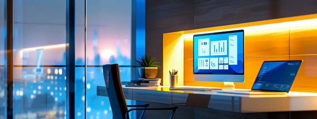Updating Your Methods: Improve Website Security Protocols 3 a sleek, modern office workspace featuring a high-tech computer setup displaying security analytics and user authentication dashboards, illuminated by ambient lighting and emphasizing a professional atmosphere dedicated to cyber security.