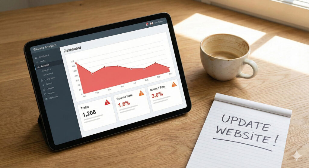 Digital screen showing website analytics with downward trend lines, illustrating signs that website content needs updating.