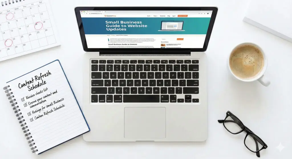 Laptop workspace with a checklist showing how often to update website content for small businesses.