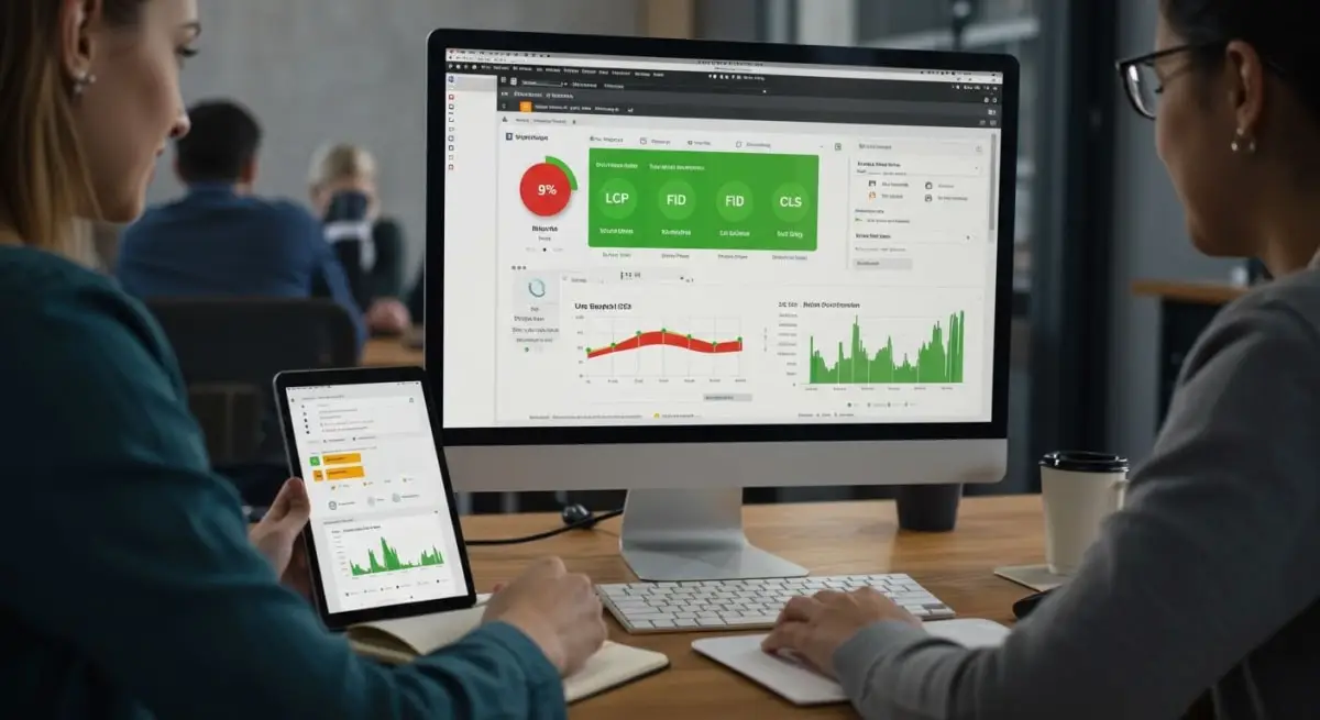 WordPress Performance Optimization and Core Web Vitals in 2026 WordPress Core Web Vitals performance dashboard showing LCP, FID, and CLS metrics with optimization recommendations for faster page load speeds