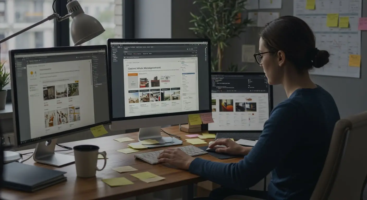 Professional handling website content updates on dual monitors dashboard