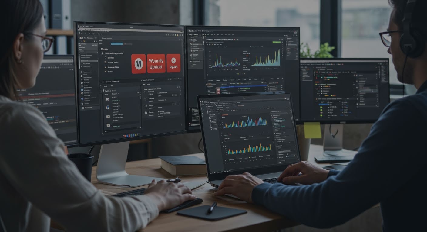 WordPress management dashboard showing security updates and staging environment testing
