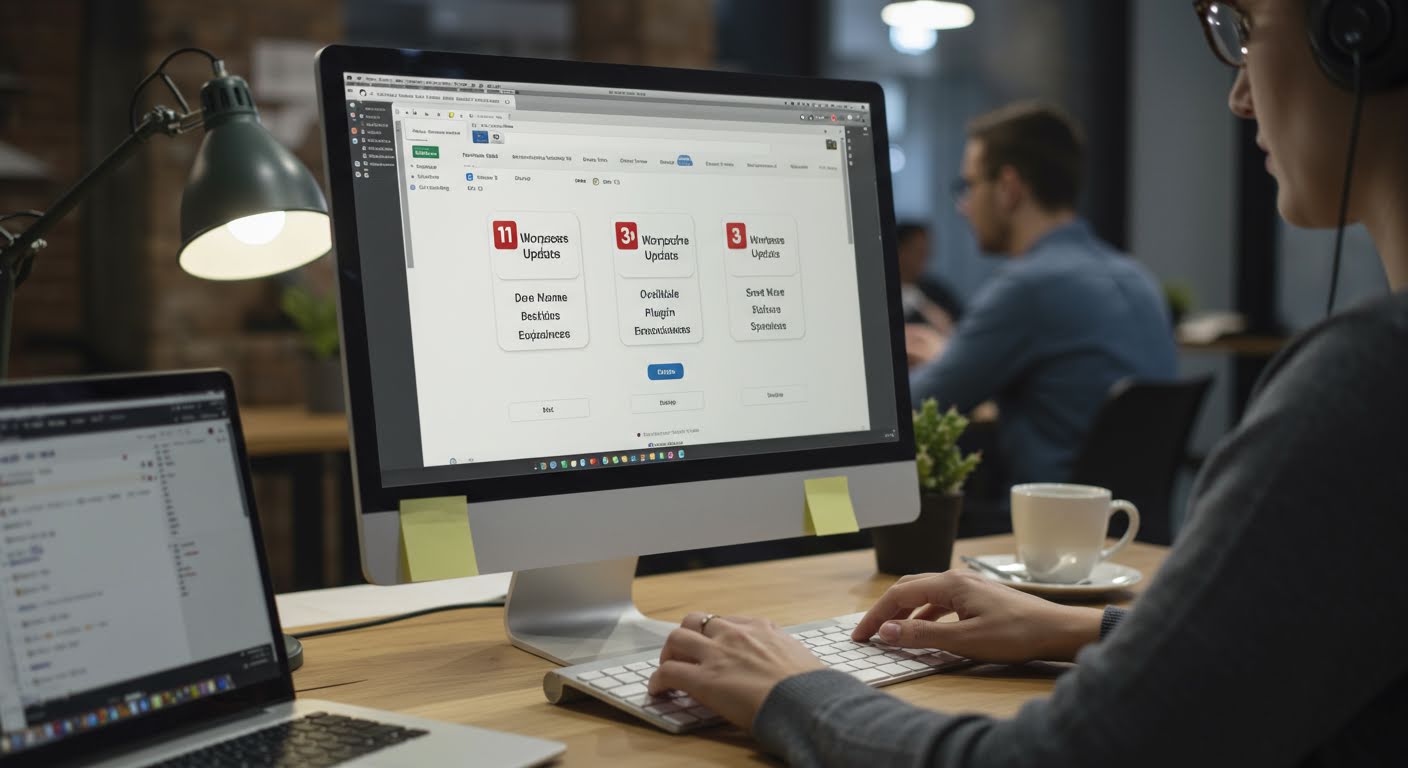 WordPress management dashboard showing security updates for core plugins themes