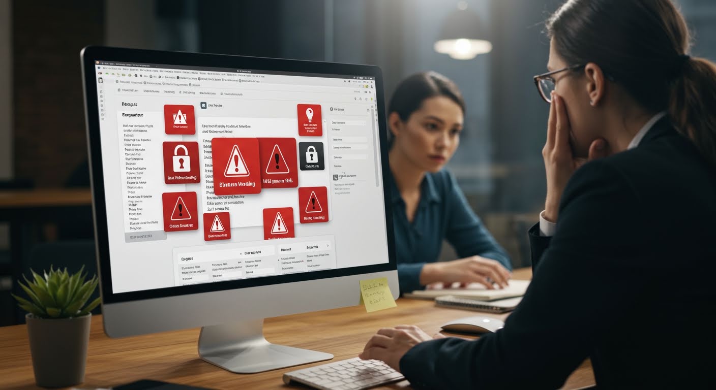 WordPress management dashboard showing security warnings and outdated plugins