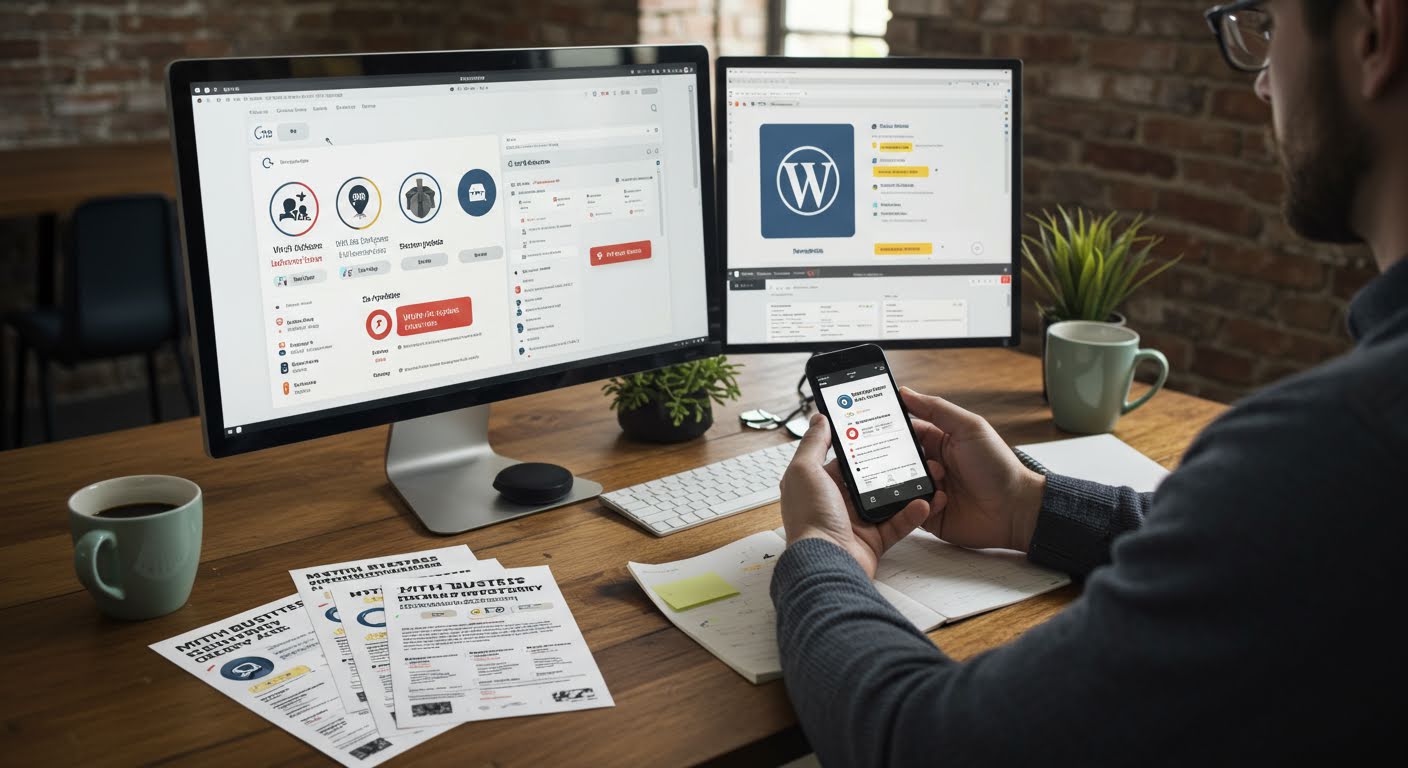 Business owner reviewing WordPress management update notifications and security myths