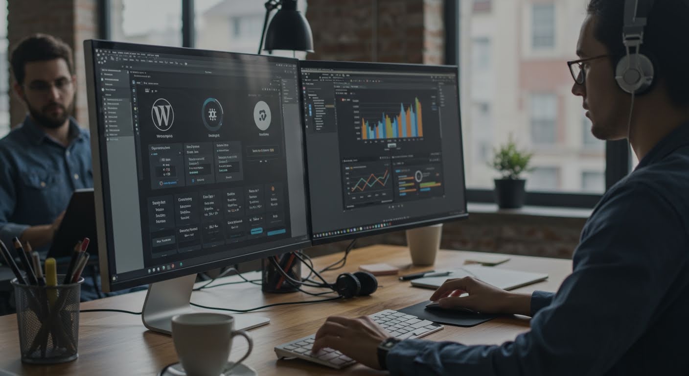 Professional WordPress management dashboard showing security monitoring and cost savings